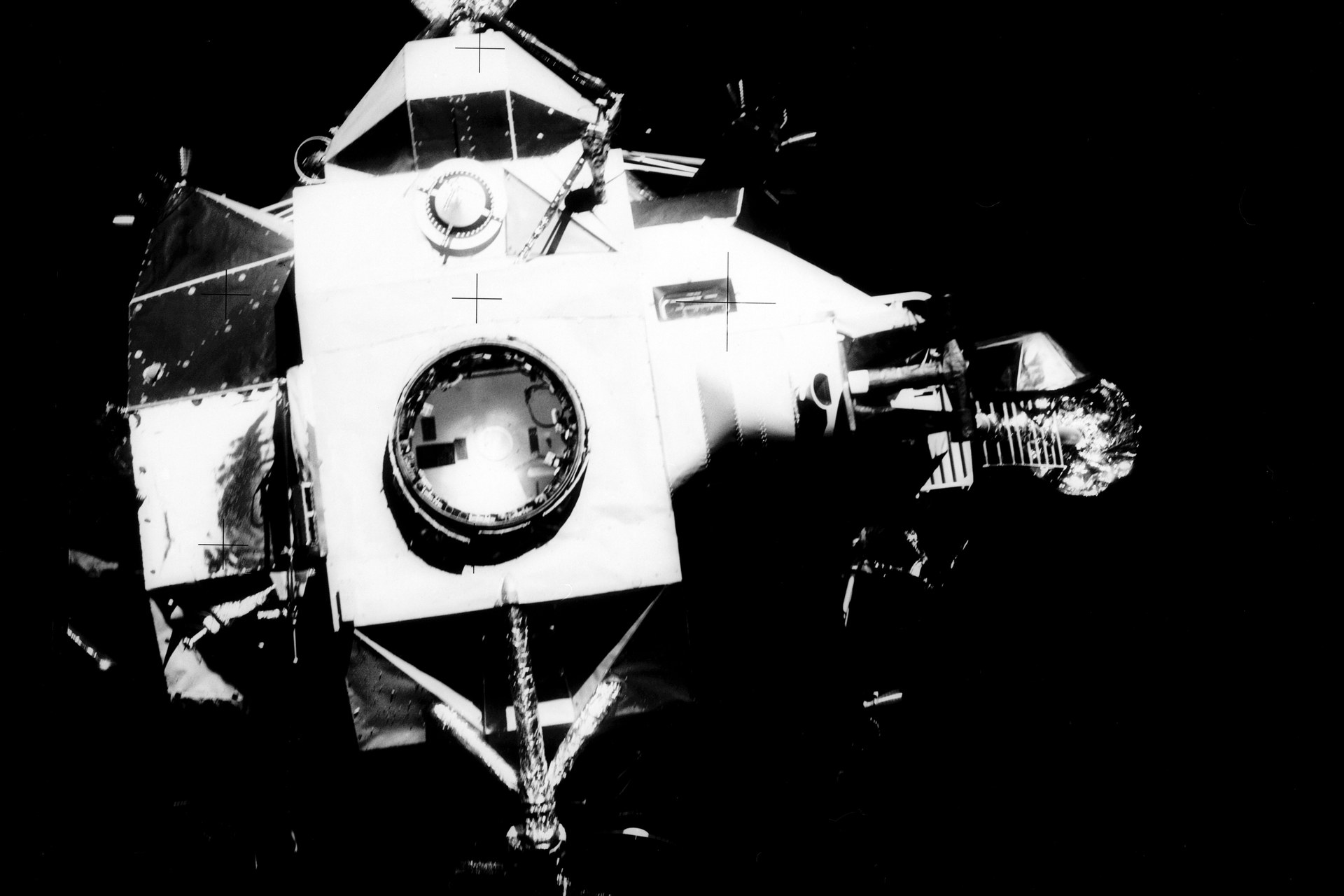 Apollo 13 Lunar Module Aquarius drifting away after jettison, photographed from the Command Module on April 17, 1970