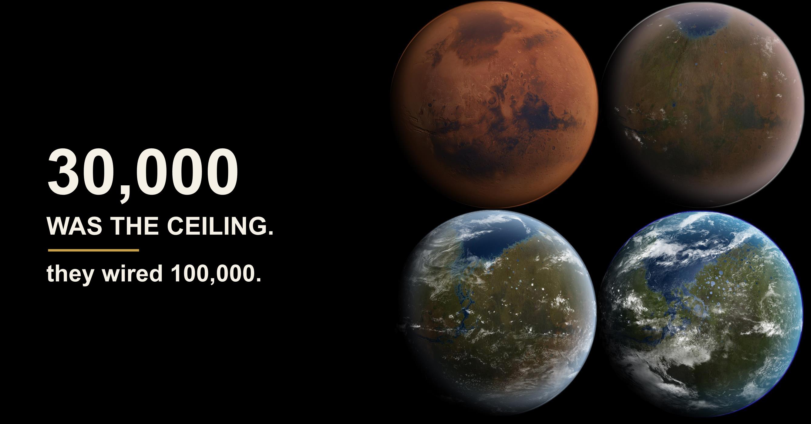Mars shown in four stages of terraforming, from a dry red desert to a living blue and green world, with overlaid text reading thirty thousand was the ceiling, they wired one hundred thousand