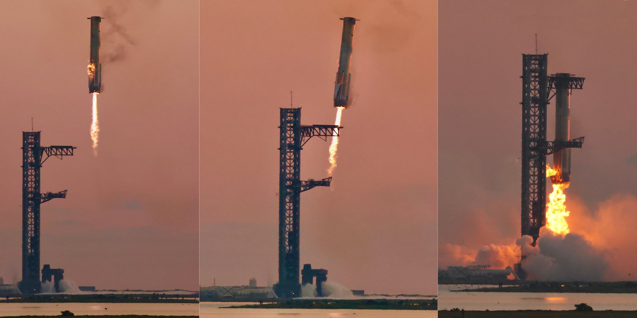 Three-frame sequence of a SpaceX Super Heavy booster descending toward the launch tower and being caught by its steel arms, with no landing legs