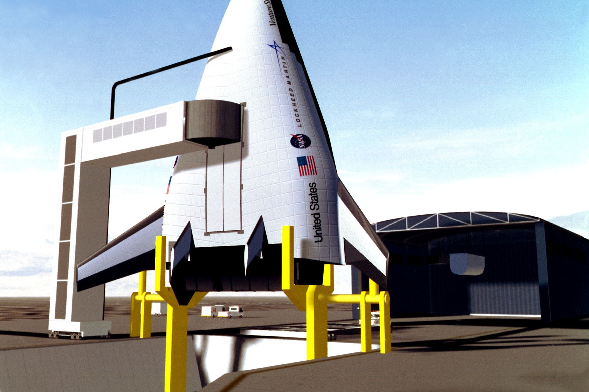 An artist's concept of the X-33 / VentureStar reusable launch vehicle standing on its launch pad, ready for a lift-off that never happened