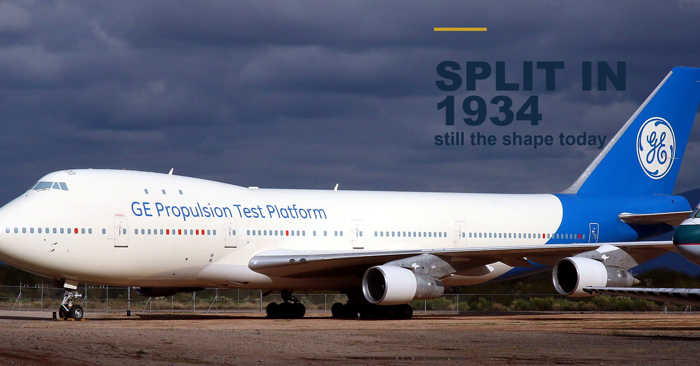 GE Aerospace's Boeing 747 flying testbed, a white 747-400 with GE Propulsion Test Platform painted on the side, parked under a dark sky. Overlaid text reads: split in 1934, still the shape today.