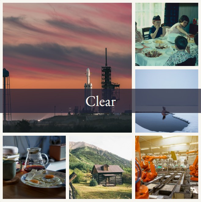 Ein fertiges Vision Board: eine Rakete im Morgenlicht, ein Roboterarm, ein Team am Whiteboard, ein Familienfrühstück, kaltes Wasser, eine Hütte, und das Wort Clear quer über der Mitte.